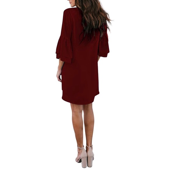 NWT - BELONGSCI - Women’s Dress V-Neck Bell Sleeve, Wine Red. Size XL - Picture 2 of 4